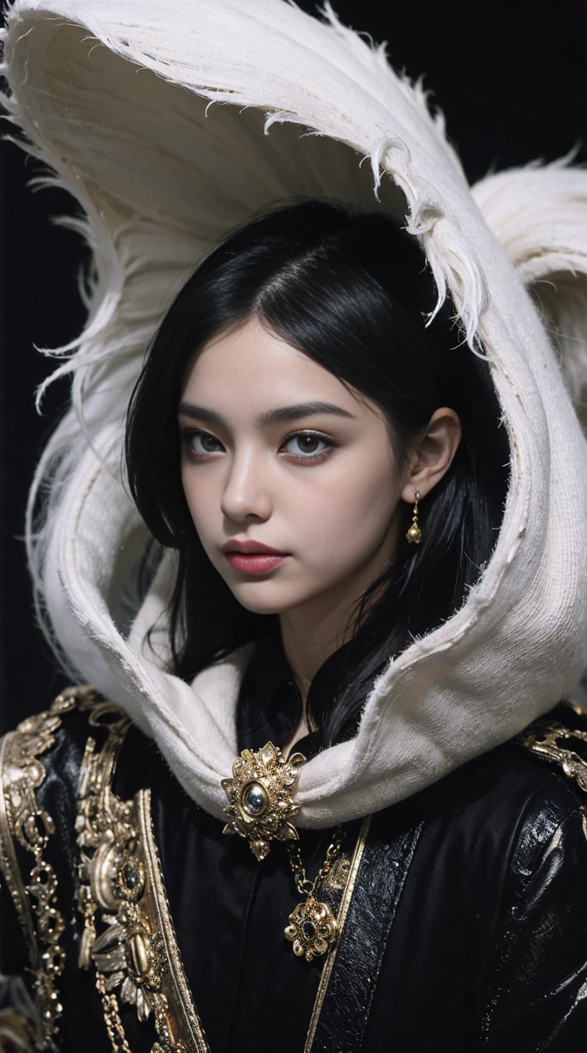 image of a very beautiful lady face enveloped in a liquid-like material, hair appears to be merging with the air around them, high contrast between the dark background and the bright, glowing texture of the material to give a feeling of emergence or transformation, monochrome shades to enhance the mysterious and intense atmosphere, red, black and gold, onyxia, metallic color palette g0s1
