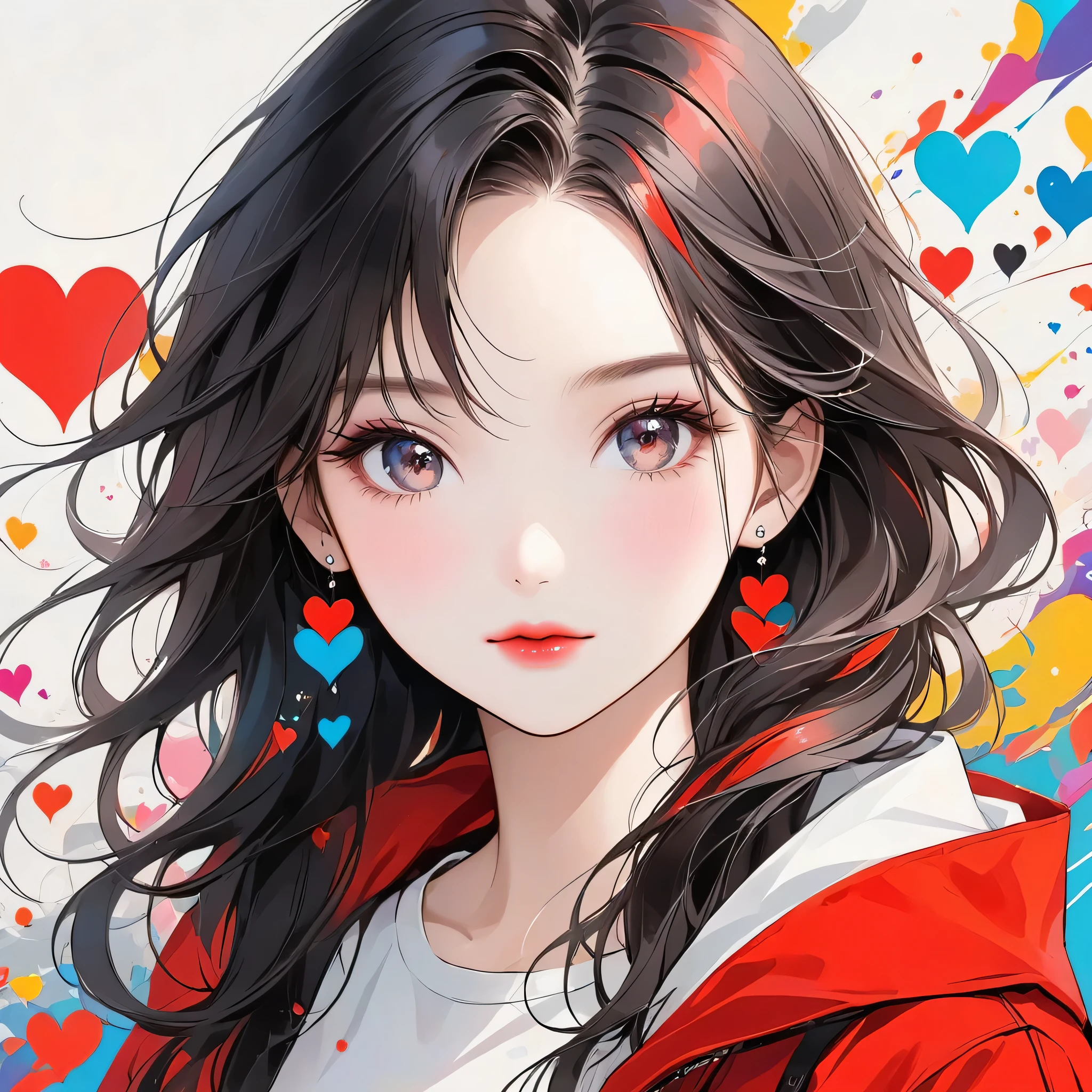 Black Star Red and White style, Simple Line Initialism,Abstract art,Urban Background, (((The most beautiful girl of all time))), Sweet face. Lips in love, colorful hearts, stylish design