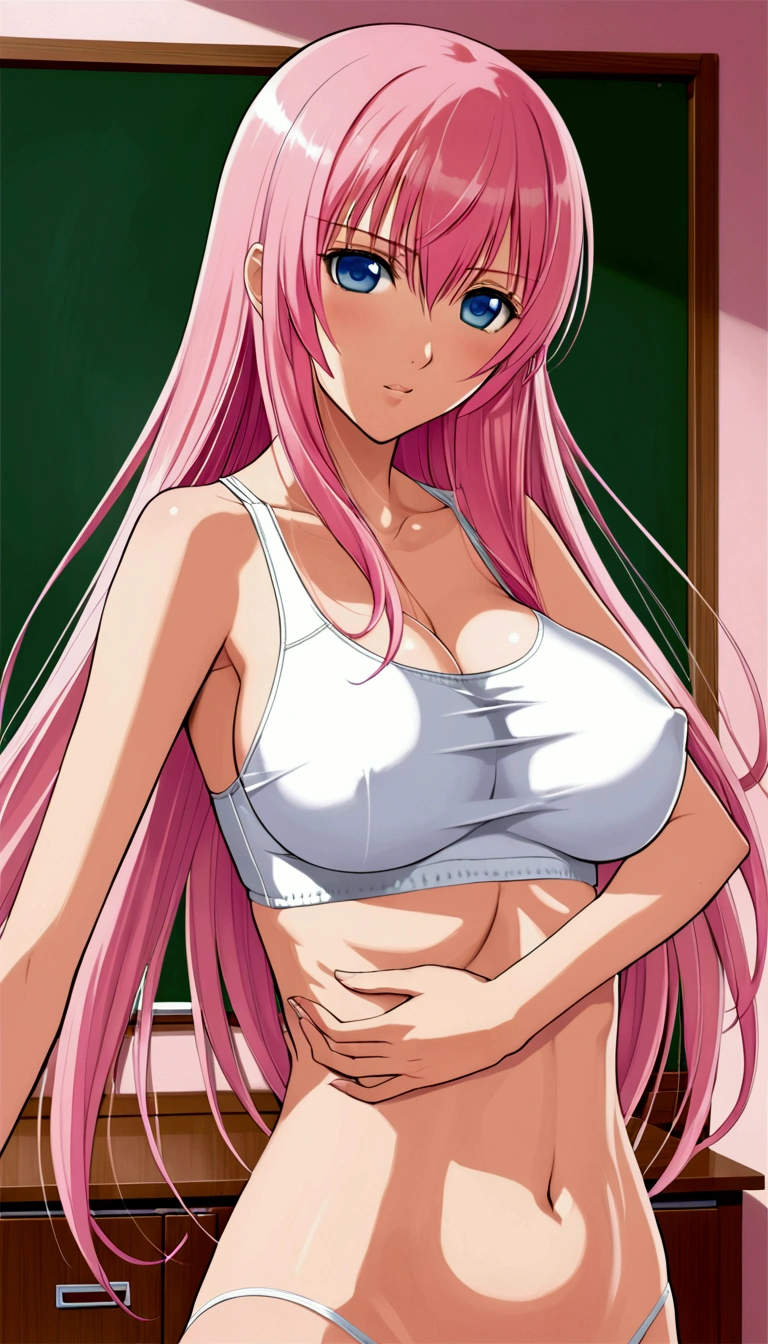 {{masterpiece}},{Detailed and beautiful depiction},Official Art,Beautiful adult woman,Megurine Luka,Pink long hair,blue eyes,Big Breasts,Draw the upper body,School Swimsuit,(Put your penis between your breasts),Semen on my chest,{{Erotic Seduction:2.0}},{Embarrassed facial expression},Dynamic Pose,bedroom