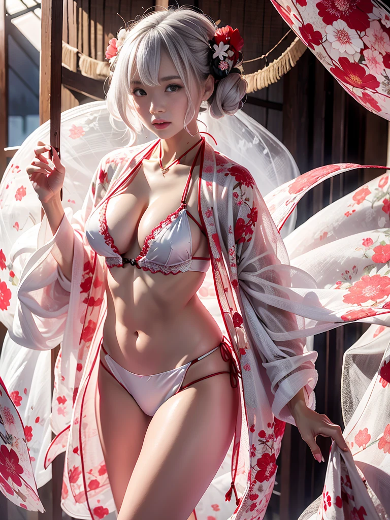 There is a woman wearing a kimono and holding a flower-patterned umbrella......, in a kimono, in a kimono, Kimono, pale and coloured kimono, Wearing kimono, wearing silver silk robe, japanese kimono, shikamimi, sakimichan, In silver silk robes, Anime Girl , goddess of Japan, Ayami Kojima Amano, portrait a woman like reol, Wearing a kimono