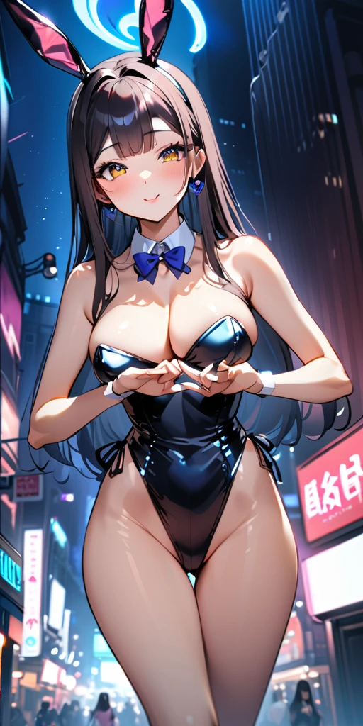 ((Highest quality、、masterpiece:1.3)), Upper Body、Long legs、Sharp focus:1.2, Beautiful woman with perfect figure:1.4、(Smiling:1.2), double eyelid、30-year-old female、Sexy pose、((((Close your mouth、One Woman、Bunny girl,Downtown at night))))