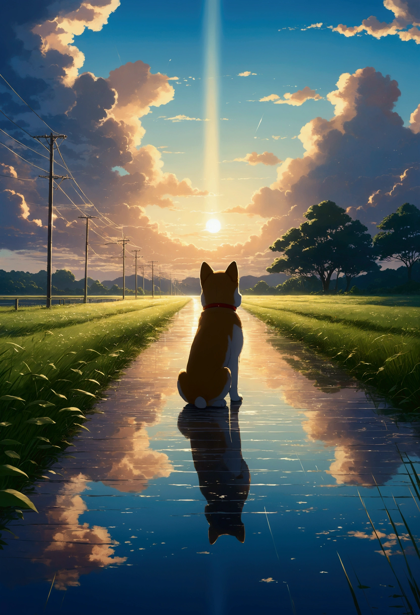 Makoto Shinkai Taste, Beautiful sky, Reflection of light, Shiba Inu Puppy, after the rain,Romantic Landscape, Healing scenes, Light pours in,hope, Summer evening, Makoto Shinkai Taste, 