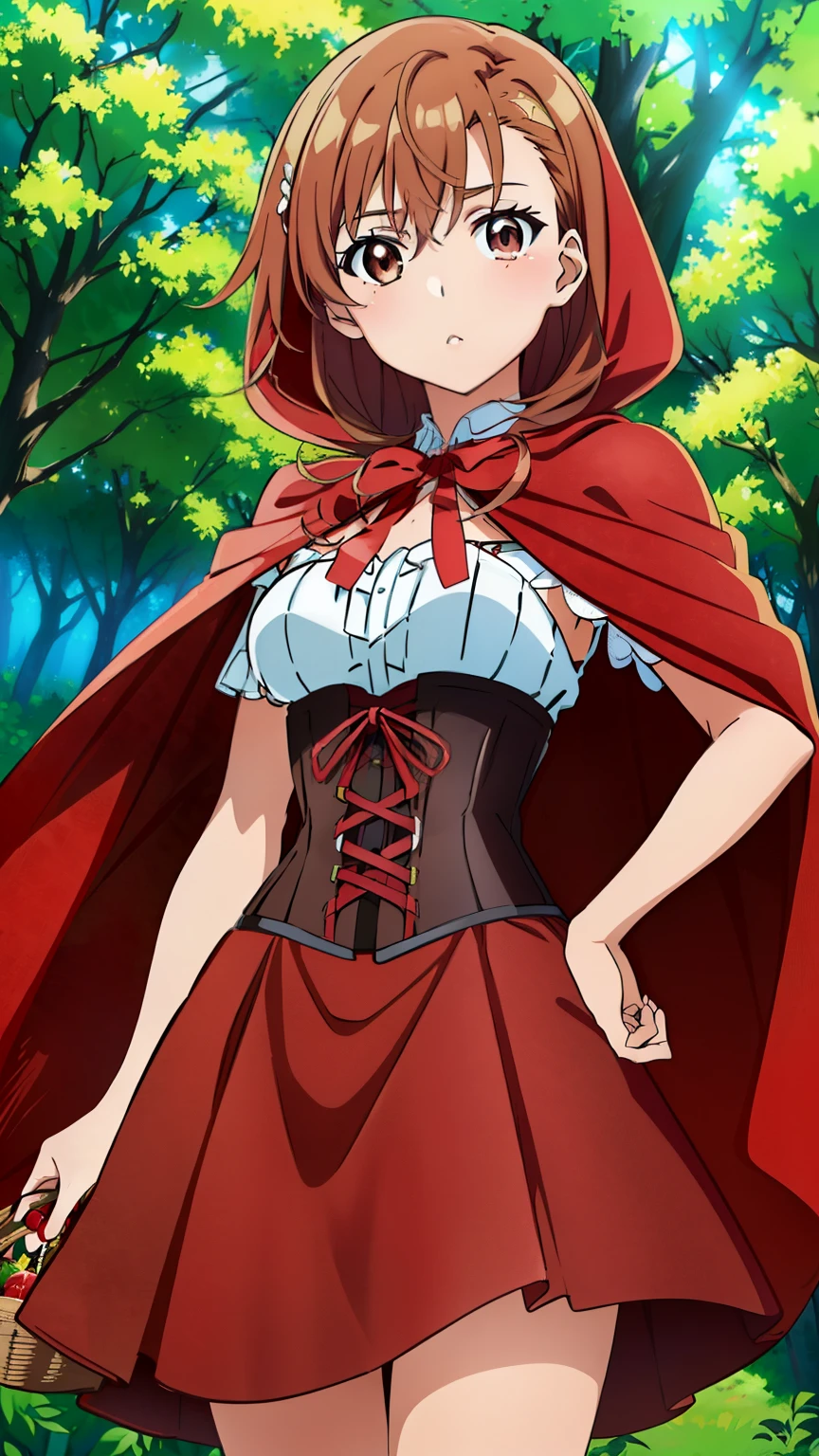 (masterpiece, best quality, 8k:1.2),Very detailed, (anime:1.1), misaka_mikoto, brown hair, medium hair, hairpin, , medium breasts, 1girl, (RedHoodWaifu, (red hood, cape, corset, dress, red skirt), fruit basket, in the forest), Cowboy shot, looking at viewer,