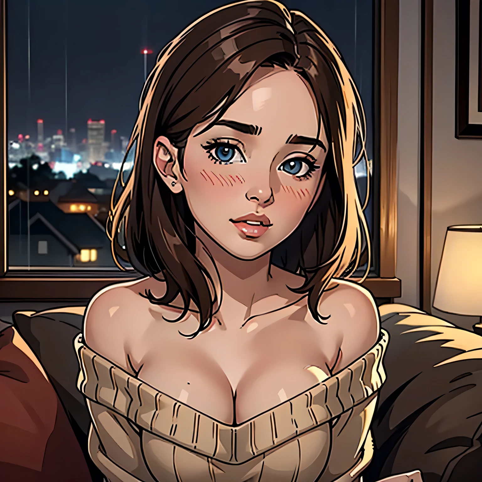 (best quality,4k,8k,highres,masterpiece:1.2),ultra-detailed,(realistic,photorealistic,photo-realistic:1.37),amazing portrait,sexy,cute woman,best friend's sister,alone at home,late night gaming session,brown hair,short bob style soft eyes,parted lips,deep blush,off shoulder,oversized grey sweater,sitting on couch,night time,raining outside,warm inside