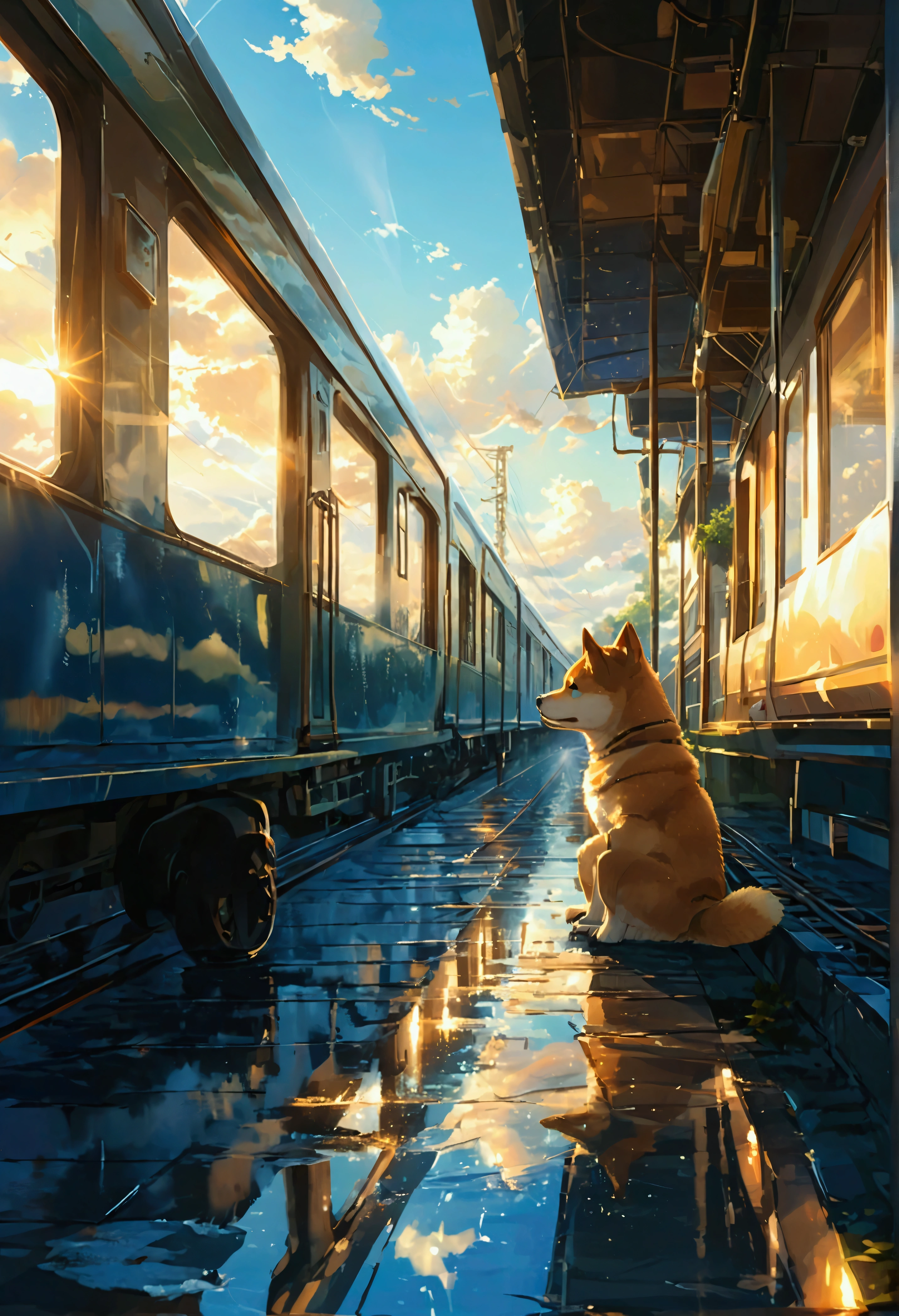 Makoto Shinkai Taste, Beautiful sky, Reflection of light, Shiba Inu Puppy, after the rain,Romantic Landscape, Healing scenes, Light pours in,hope, Summer Morning,train, Makoto Shinkai Taste,