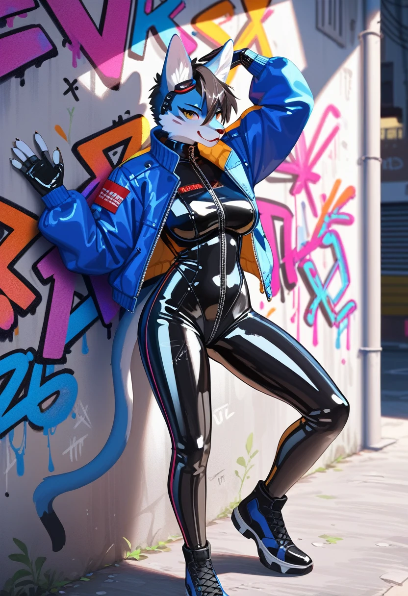 animation, Highest quality, Highest quality, High quality illustrations, masterpiece, Ultra-high resolution, Detailed Background, Alley, Graffiti art on the wall, Absurd, Perfect Anatomy, performance, Good lighting, Shadows in the movies(kemono, Furry Personifi猫ion), Rubber suit, latex, neon, neonライト, neonカラー, Bodysuits, Cyber Suit, Leather Half Jacket, cyber punk, Leaning against the wall