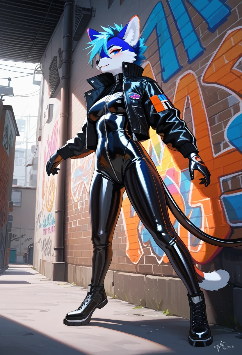 animation, Highest quality, Highest quality, High quality illustrations, masterpiece, Ultra-high resolution, Detailed Background, Alley, Graffiti art on the wall, Absurd, Perfect Anatomy, performance, Good lighting, Shadows in the movies(kemono, Furry Personifi猫ion), Rubber suit, latex, neon, neonライト, neonカラー, Bodysuits, Cyber Suit, Leather Half Jacket, cyber punk, Leaning against the wall