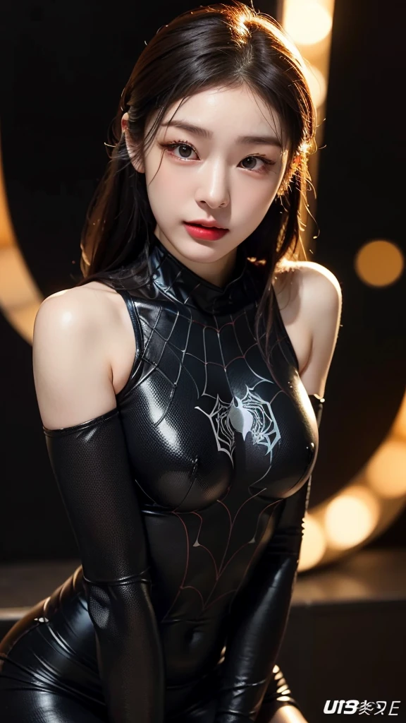 tmasterpiece,1 Chinese girl,realisticlying,8K UHD,high high quality,in the background bokeh, white and black spider-man suit,Spidey,Clothes wrap around the whole body,Tight clothing,Abs contour,Short black hair,s the perfect face,shining face,Ultra-clear face,Elaborate Eyes,idoly