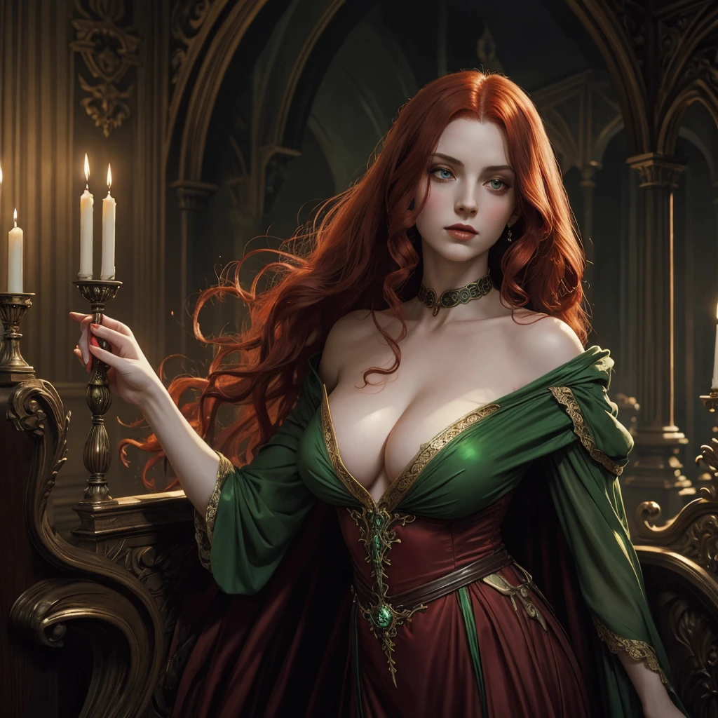 Vampiress, Queen of Dracula, Bridgerton style, Regency era in England translucent and iridescent green gown, Elena, long curly red hair, pale skin, curvey build and golden brown eyes, insanely detailed matte painting with rough paint strokes and textures, a painting of an red haired woman, by John Howe, Alan Lee, Boris Vallejo, Julie Bell, Todd Lockwood