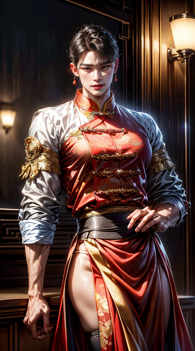 a sexy male in traditional Chinese dress, detailed face and body, big butt, extremely detailed, (best quality,4k,8k,highres,masterpiece:1.2),ultra-detailed,(realistic,photorealistic,photo-realistic:1.37),hyperrealistic, intricate details, cinematic lighting, rich color palette, dramatic pose, elegant, mysterious