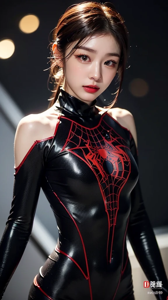 tmasterpiece,1 Chinese girl，realisticlying，8K  UHD，high high quality，in the background bokeh, white and black spider-man suit，Spidey，Clothes wrap around the whole body，Tight clothing，Abs contour，Short black hair，s the perfect face，shining face，Ultra-clear face，Elaborate Eyes，idoly