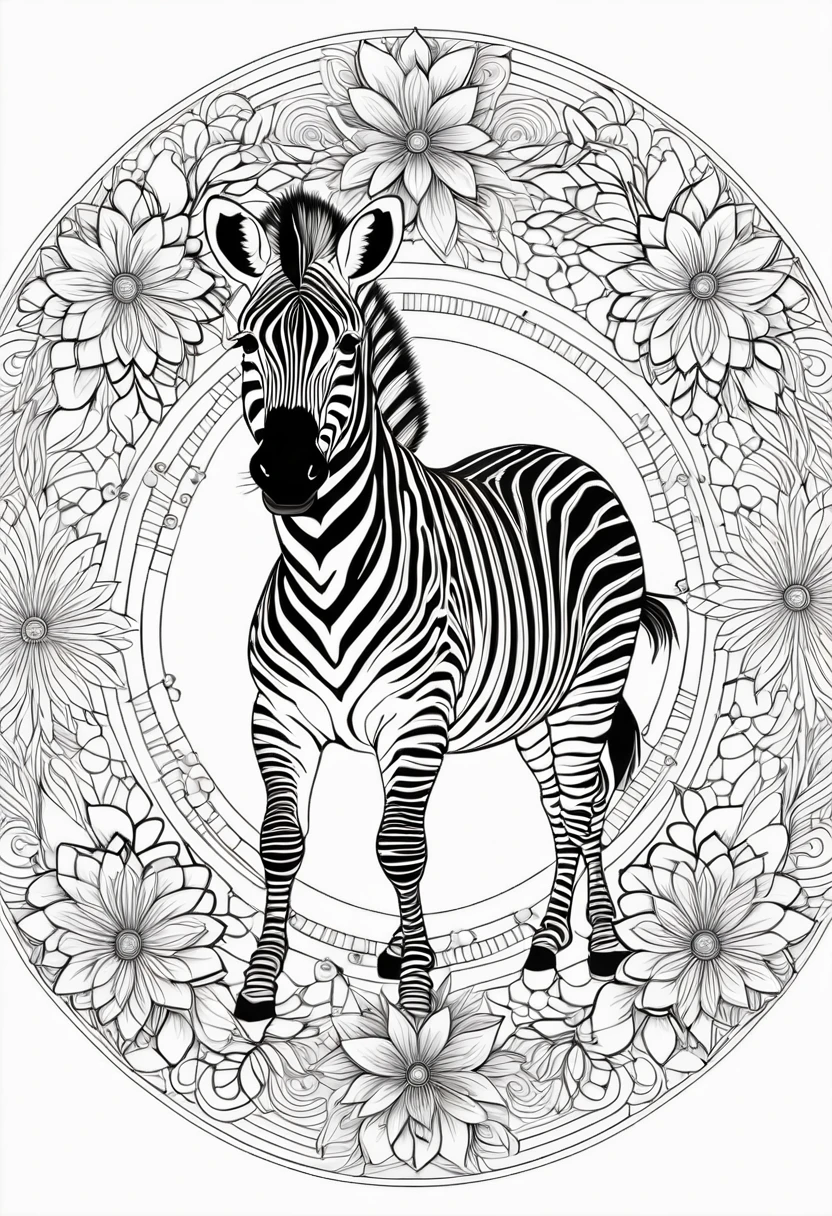A striking black and white line art coloring page designed for adults with white background, featuring a majestic zebra in a mandala-inspired style. The zebra is adorned with intricate patterns that include floral and geometric designs, making it an engaging and detailed work of art. The illustration focuses on crisp, clean lines and bold outlines, without any shading or color, allowing the user to bring their own vibrancy to the piece. The minimalistic design, with its thick lines and absence of background details, creates a soothing coloring experience for adults seeking calming and creative activities. illustration
