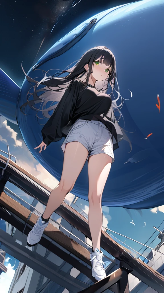 masterpiece, Exquisite detail,Highest quality, One girl, alone, handrail, cloud, Looking up at the buildings,Long Hair, zero, Long sleeve, sneakers, Power lines, White footwear, Black Hair, View your viewers, Electric pole, bangs, cloudy zero, fish, bird, Green Eyes, Shorts, Day, Black Shirt, barefoot,Whale flying in the sky,Giant whale,night,star,milkyway,天の川