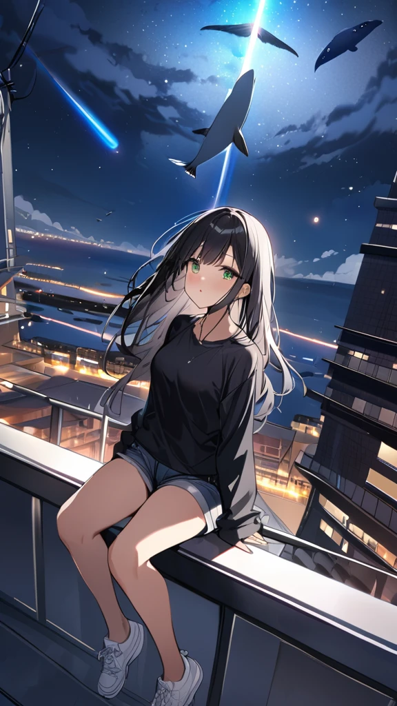 masterpiece, Exquisite detail,Highest quality, One girl, alone, handrail, cloud, Looking up at the buildings,Long Hair, zero, Long sleeve, sneakers, Power lines, White footwear, Black Hair, View your viewers, Electric pole, bangs, cloudy zero, fish, bird, Green Eyes, Shorts, Day, Black Shirt, barefoot,Whale flying in the sky,Giant whale,night,star,milkyway,天の川