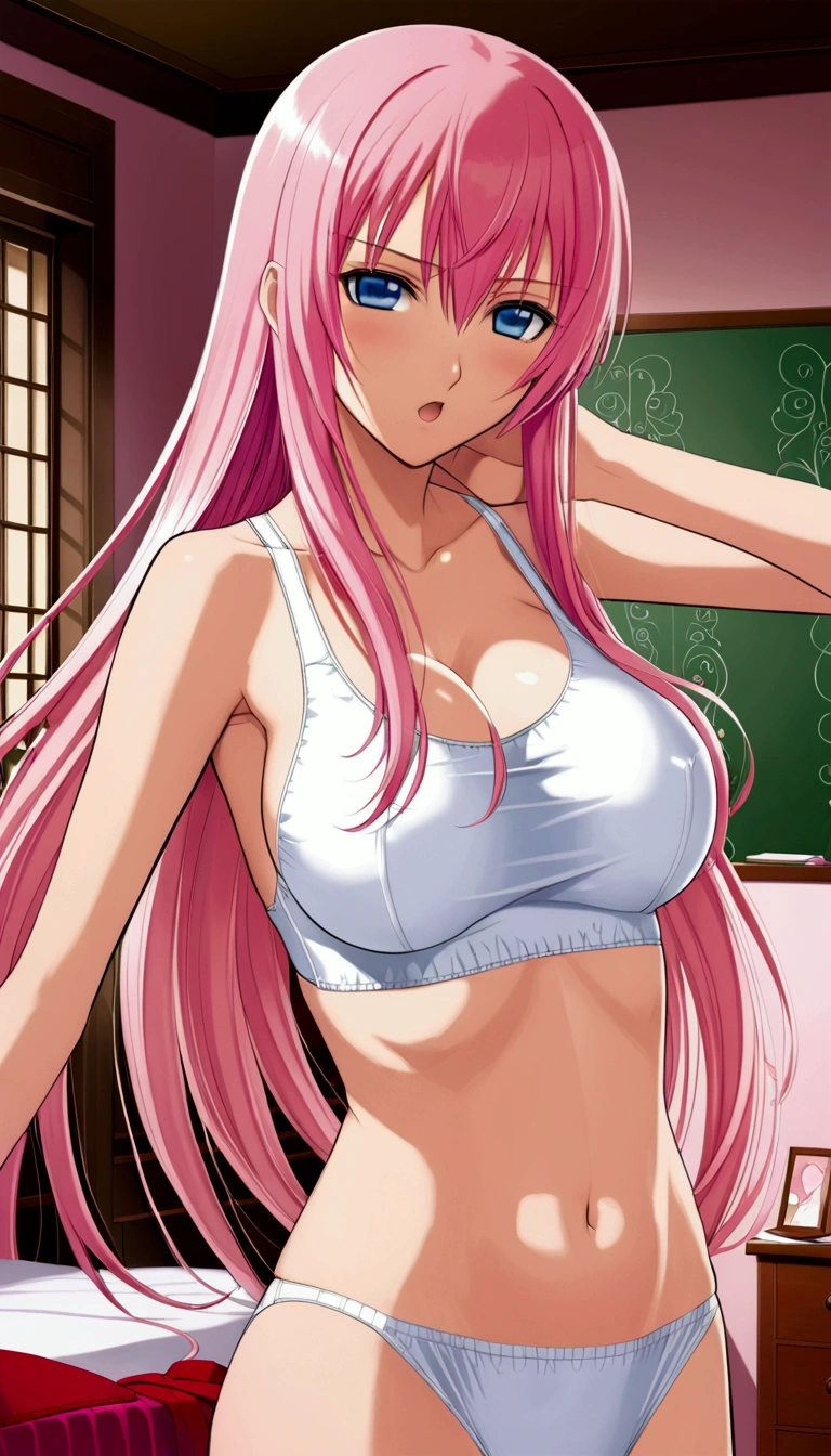 {{masterpiece}},{Detailed and beautiful depiction},Official Art,Beautiful adult woman,Megurine Luka,Pink long hair,blue eyes,Big Breasts,Draw the upper body,School Swimsuit,(Put your penis between your breasts),Titty fuck,Semen on my chest,{{Erotic Seduction:2.0}},{Embarrassed facial expression},Dynamic Pose,bedroom