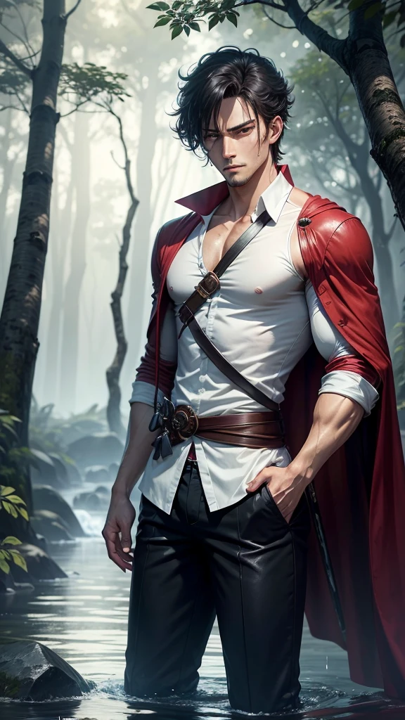 a dashing male anime character with a thin, handsome face, charismatic "shanks" in the "one pice" series wearing a white shirt, short trousers, three scars on the left eye and holding a pirate katana, and a black robe, hair red, gray shorts reaching to the knees, with HD resolution, 4k anime with a forest and water background, falling rain. wet.