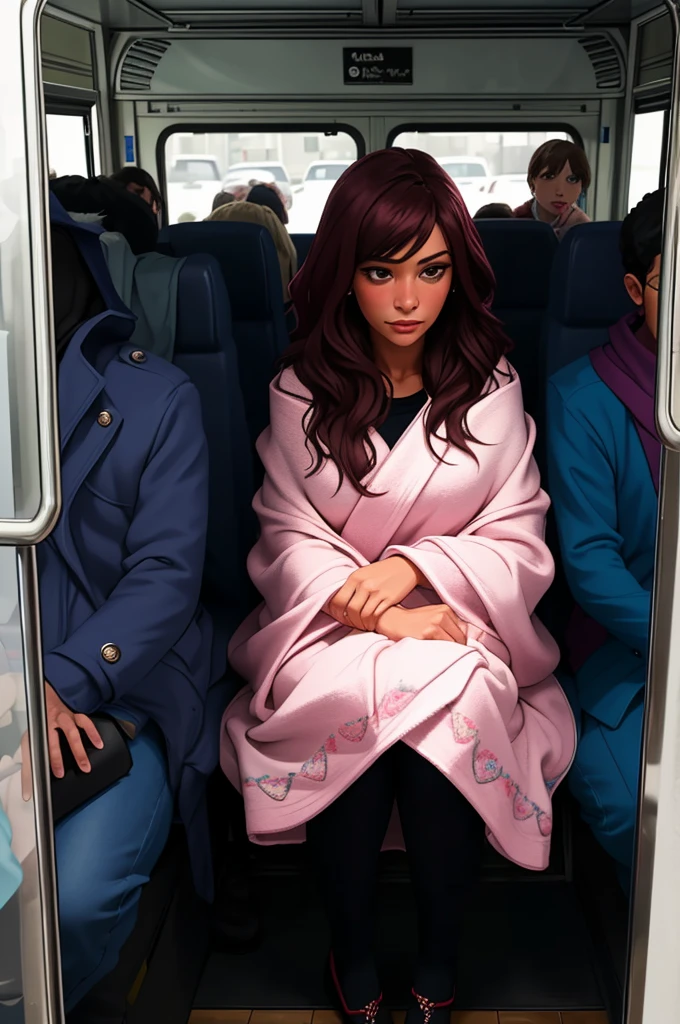 A woman wrapped in a blanket inside a bus full of women with the same blanket as her,with just the man driver