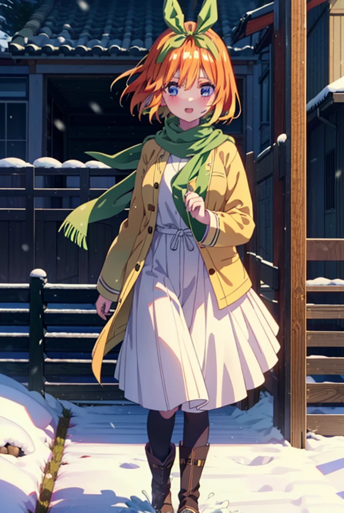 Yotsubanakano, Yotsuba Nakano, bangs, short hair, blue eyes, Hair between the eyes, hair ribbon, hair band, Orange Hair, (Green ribbon:1.5), smile, Hair between the eyes,blush, Open your mouth,White Breath,scarf,Green neck long coat,V-neck sweater,Long skirt,Black Pantyhose,short boots,Standing leaning against a wall,Snow is piling up,that&#39;it&#39;s snowing,whole bodyがイラスト入るように,Hiding in a roofed building,
break outdoors, construction area,
break looking at viewer, whole body,
break (masterpiece:1.2), Highest quality, High resolution, unity 8k wallpaper, (shape:0.8), (Beautiful attention to detail:1.6), Highly detailed face, Perfect lighting, Extremely detailed CG, (Perfect hands, Perfect Anatomy),