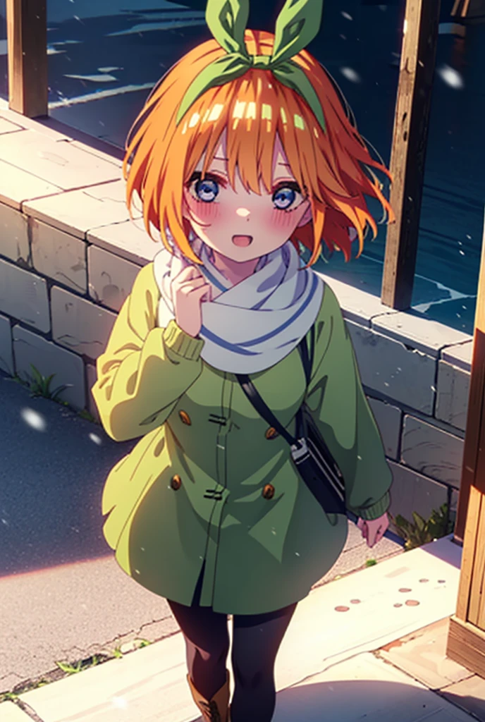 Yotsubanakano, Yotsuba Nakano, bangs, short hair, blue eyes, Hair between the eyes, hair ribbon, hair band, Orange Hair, (Green ribbon:1.5), smile, Hair between the eyes,blush, Open your mouth,White Breath,scarf,Green neck long coat,V-neck sweater,Long skirt,Black Pantyhose,short boots,Standing leaning against a wall,Snow is piling up,that'it's snowing,whole bodyがイラスト入るように,Hiding in a roofed building,
break outdoors, construction area,
break looking at viewer, whole body,
break (masterpiece:1.2), Highest quality, High resolution, unity 8k wallpaper, (shape:0.8), (Beautiful attention to detail:1.6), Highly detailed face, Perfect lighting, Extremely detailed CG, (Perfect hands, Perfect Anatomy),