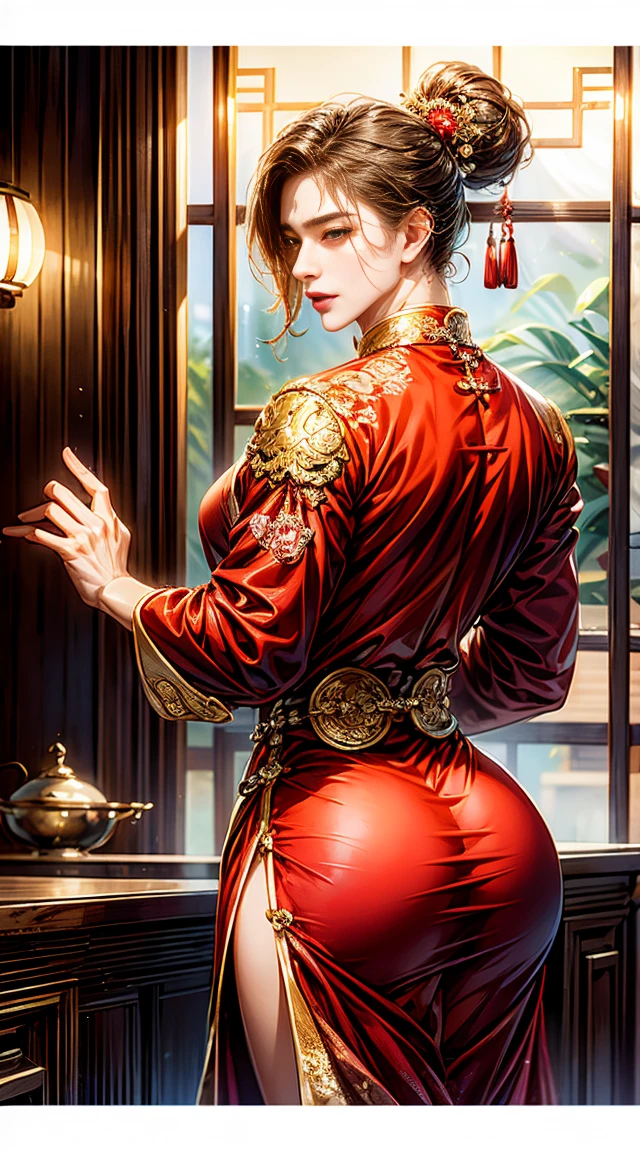 big butt, (show off his big butt) , male, were sexy traditionnal Chinese dress