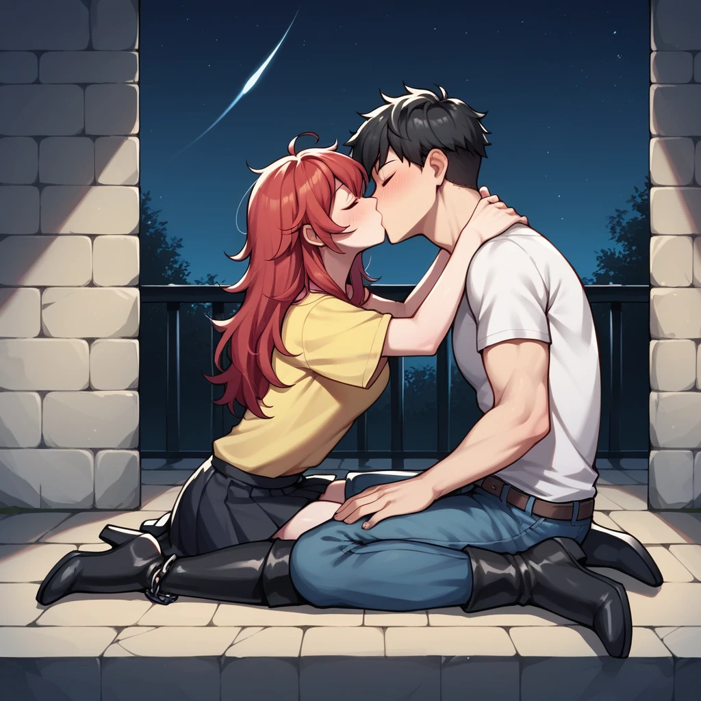score_9, score_8_up, score_7_up, score_6_up, score_5_up, score_4_up, source_anime, 1girl, sit, full body, red hair, long hair, close eyes, w-w-chains, spread arms, kissing, messy hair, yellow shirt, skirt, black thigh high boots, night, dungeon, best quality, best res, 4K UHD,
1guy, black hair, close eyes, white shirt, jeans, kissing girl, 
 