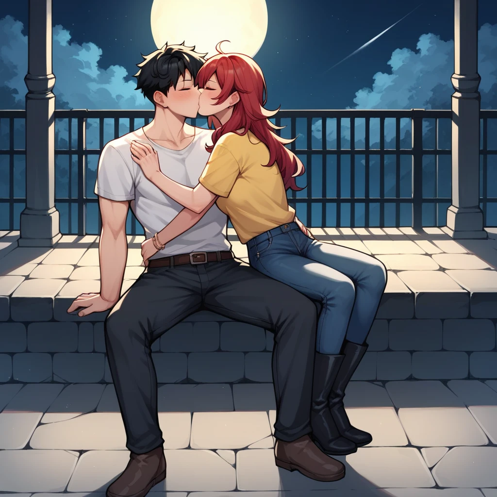 score_9, score_8_up, score_7_up, score_6_up, score_5_up, score_4_up, source_anime, 1girl, sit, full body, red hair, long hair, close eyes, w-w-chains, spread arms, kissing, messy hair, yellow shirt, skirt, black thigh high boots, night, dungeon, best quality, best res, 4K UHD,
1guy, black hair, close eyes, white shirt, jeans, kissing girl,