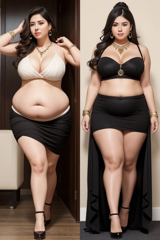 130kg, morbidly obese woman, abdominal obesity, fat belly, large belly, protruding belly, big belly, convex belly, abdominal exposure, exposed navel, mini skirt, high heel, earring, necklace, bracelet, Outer eyelid