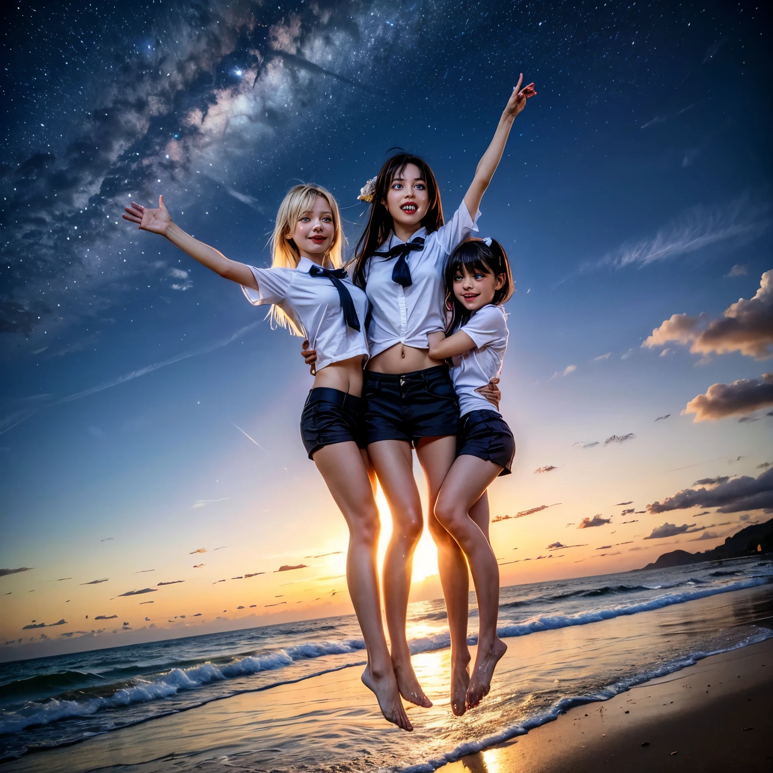 ManoErina, awaitingtongue, ((ExtremelyDetailed (12 PICHIPICHI KAWAII Girls Floating in The Air in a row:1.37) in WHITE at Dusk Enoshima Beach)), (masterpiece 8K TopQuality) (ProfessionalPhoto:1.37), {(Standing Full Body:1.2)|(from below:1.2)}, Different types of hair colors, {(skinny(SchoolSwimwear))|(SchoolUniform)with Tiny AthleticShorts}, {Detailed Childish hand|Hidden hand|Armpit|Different types of breasts of various sizes from HUGE to FLAT|(Clearly Visible the shape of Butt)}, Joyful Expressions LifeLike Rendering, PerfectLighting, (Dazzling Horizon Visible through ThighGap), (Starry IridescentParticles:1.22) ColorfulClouds