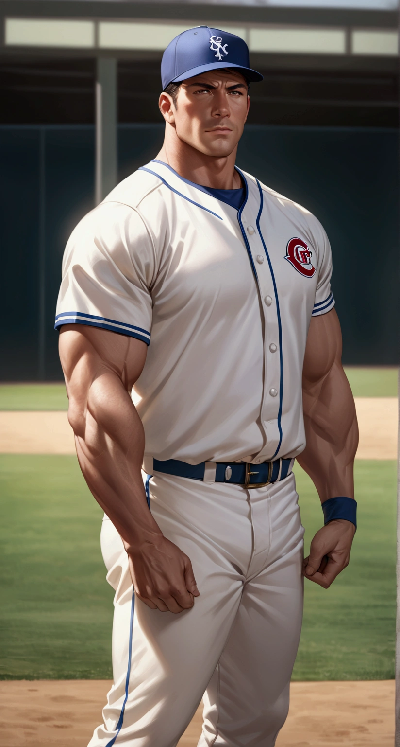Baseball field, 1man in white baseball uniform, 1man in white baseball uniform, 2mam standing side by side, taken by Canon 5D Mark IV camera, aperture is f/1.8,ISO 400, shutter speed is 1/200 second masterpiece, best quality, high resolution, realistic, handsome, photogenic, masculine, (big muscle)