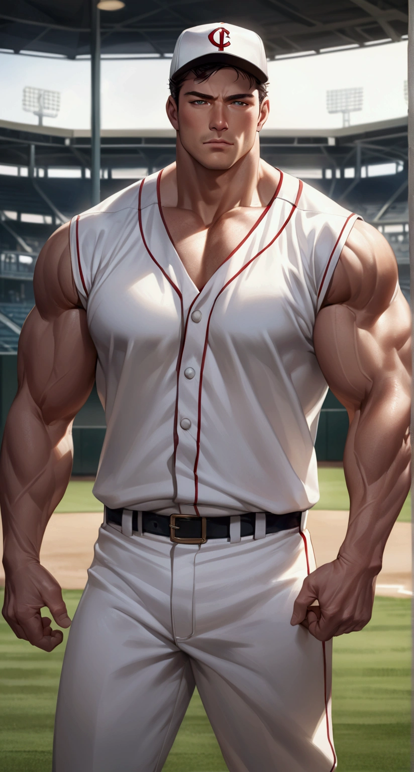Baseball field, 1man in white baseball uniform, 1man in white baseball uniform, 2mam standing side by side, taken by Canon 5D Mark IV camera, aperture is f/1.8,ISO 400, shutter speed is 1/200 second masterpiece, best quality, high resolution, realistic, handsome, photogenic, masculine, (big muscle)