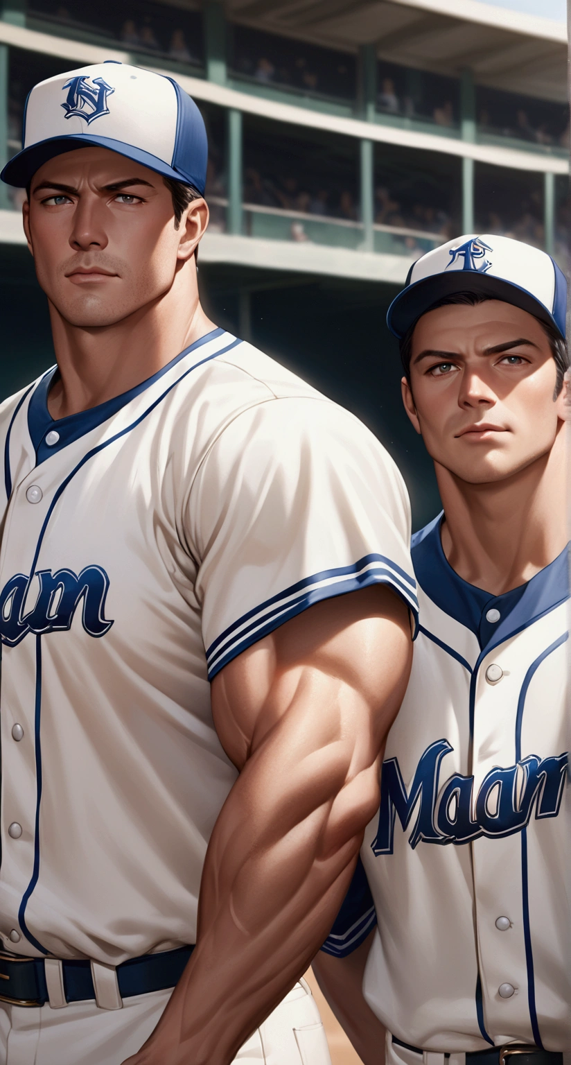 Baseball field, 1man in white baseball uniform, 1man in white baseball uniform, 2mam standing side by side, taken by Canon 5D Mark IV camera, aperture is f/1.8,ISO 400, shutter speed is 1/200 second masterpiece, best quality, high resolution, realistic, handsome, photogenic, masculine, (big muscle)