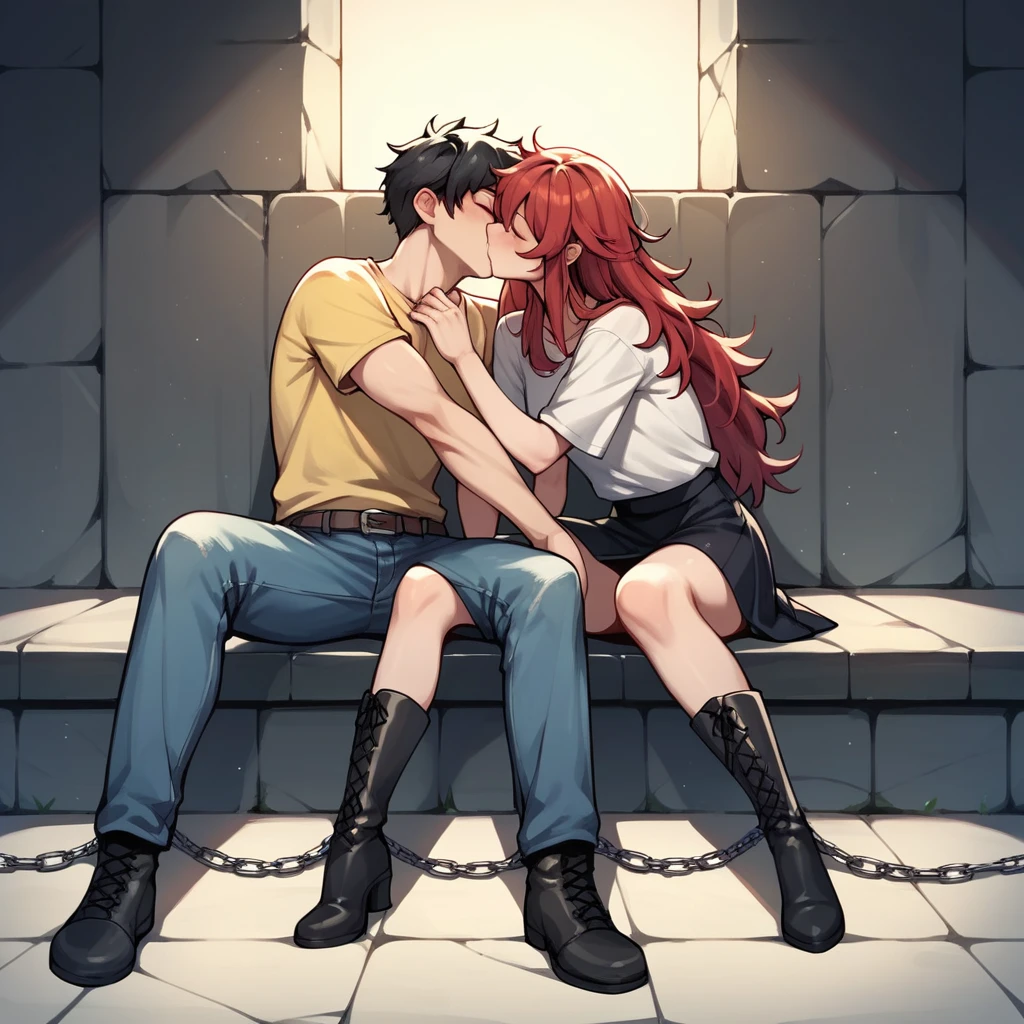 score_9, score_8_up, score_7_up, score_6_up, score_5_up, score_4_up, source_anime, 1girl, sit, full body, red hair, long hair, close eyes, w-w-chains, spread arms, kissing, messy hair, yellow shirt, skirt, black thigh high boots, night, dungeon, best quality, best res, 4K UHD,
1guy, black hair, close eyes, white shirt, jeans, kissing girl,