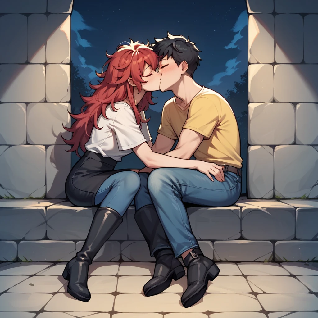 score_9, score_8_up, score_7_up, score_6_up, score_5_up, score_4_up, source_anime, 1girl, sit, full body, red hair, long hair, close eyes, w-w-chains, spread arms, kissing, messy hair, yellow shirt, skirt, black thigh high boots, night, dungeon, best quality, best res, 4K UHD,

1guy, black hair, close eyes, white shirt, jeans, kissing girl, 
 