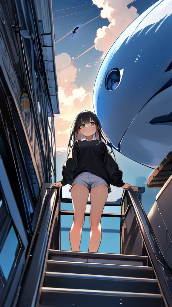 masterpiece, Exquisite detail,Highest quality, One girl, alone, handrail, cloud, Looking up at the buildings,Long Hair, zero, Long sleeve, sneakers, Power lines, White footwear, Black Hair, View your viewers, Electric pole, bangs, cloudy zero, fish, bird, Green Eyes, Shorts, Day, Black Shirt, barefoot,Whale flying in the sky,Giant whale,night,star,milkyway,天の川