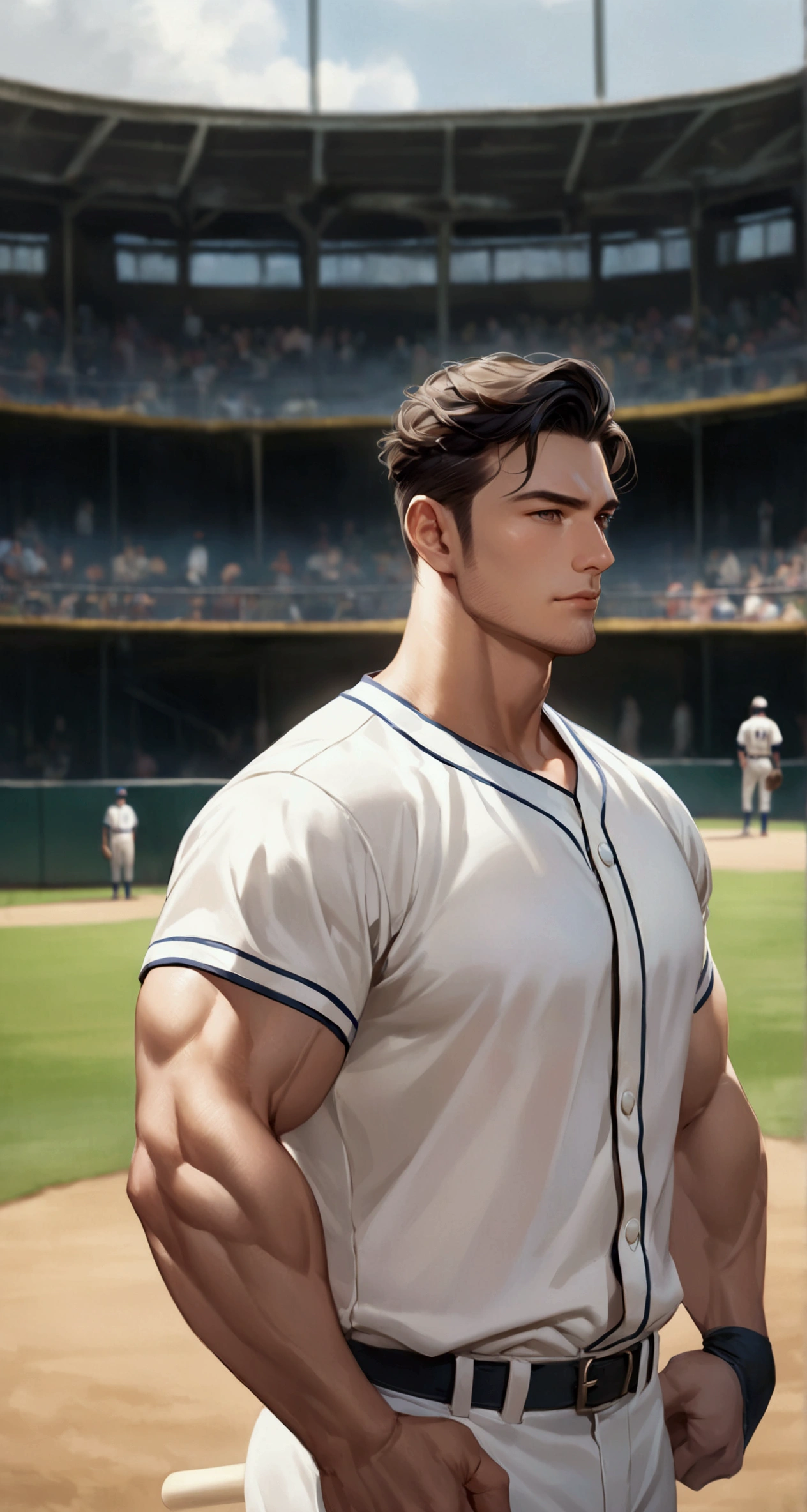 Baseball field, 1man in white baseball uniform, 1man in white baseball uniform, 2mam standing side by side, taken by Canon 5D Mark IV camera, aperture is f/1.8,ISO 400, shutter speed is 1/200 second masterpiece, best quality, high resolution, realistic, handsome, photogenic, masculine, (big muscle)
