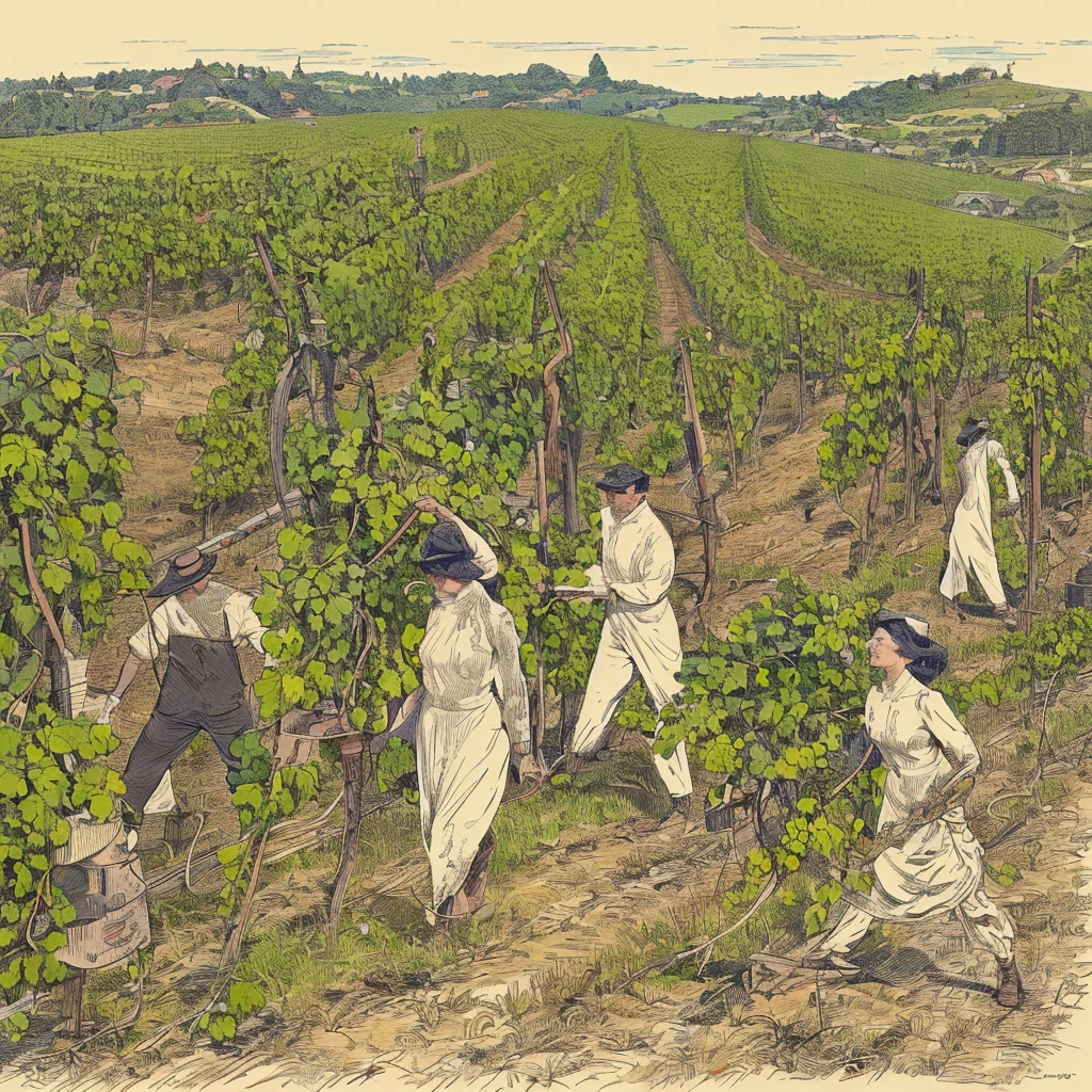 full body view, naked shaved rural saxones man and woman work in Vineyard on hill, Andrew Loomis style, Masterpiece work of art, highly detailed linework reminiscent of Carne Griffiths, imbued with Wadim Kashim's bold color and texture, light and airy as Carl Larsson's compositions, featuring Pascal Blanche-style hyper-realistic characte