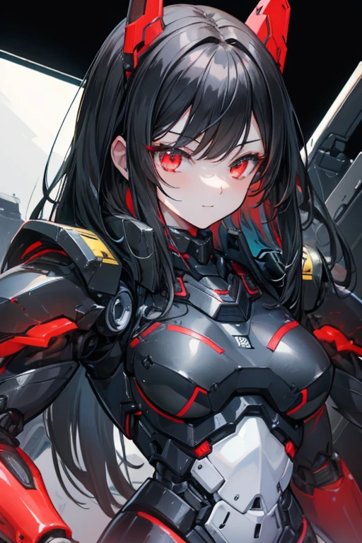 Female Android girl masterpiece Black Armor Redline Long Black Hair high school girl Mechanical Combatant Upper Body smile No earrings