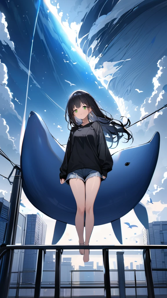 masterpiece, Exquisite detail,Highest quality, One girl, alone, handrail, cloud, Looking up at the buildings,Long Hair, zero, Long sleeve, sneakers, Power lines, White footwear, Black Hair, View your viewers, Electric pole, bangs, cloudy zero, fish, bird, Green Eyes, Shorts, Day, Black Shirt, barefoot,Whale flying in the sky,Giant whale,night,star,milkyway,天の川