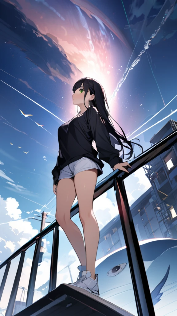 masterpiece, Exquisite detail,Highest quality, One girl, alone, handrail, cloud, Looking up at the buildings,Long Hair, zero, Long sleeve, sneakers, Power lines, White footwear, Black Hair, View your viewers, Electric pole, bangs, cloudy zero, fish, bird, Green Eyes, Shorts, Day, Black Shirt, barefoot,Whale flying in the sky,Giant whale,night,star,milkyway,天の川