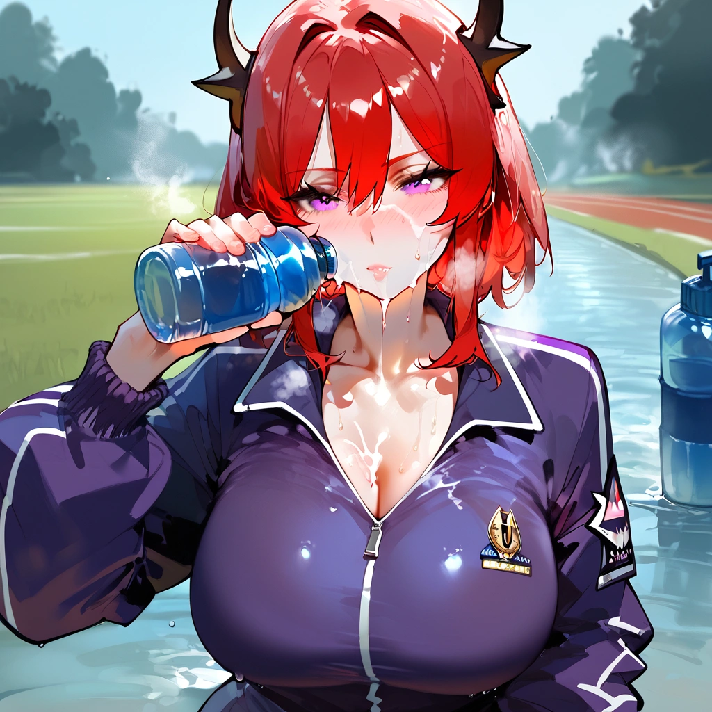 score_9, score_8_up, score_7_up, score_6_up,floox style,surtr, arknights, red hair,big breasts,,collarbone, jacket,purple jacket, purple track suit, sportswear, standing, steam, steaming body, sweat,, track jacket, track pants, track suit, outdoors, pours water on face, water bottle, solo, purple eyes, facial, head up, spilling, 