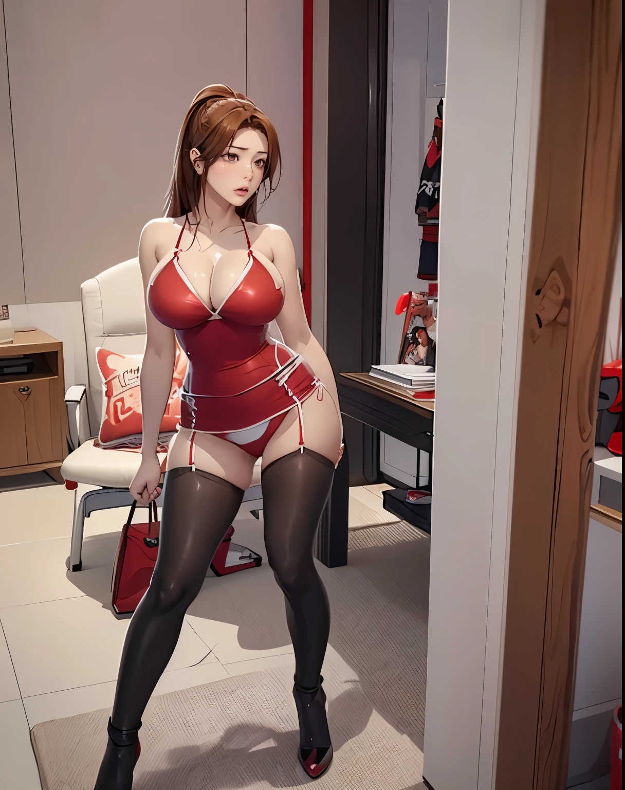 anime girl in red and white outfit sitting on a suitcase, beautiful anime girl squatting, seductive anime girl, mai shiranui, beautiful alluring anime woman, tifa lockhart, the anime girl is crouching, tifa, trending on cgstation, attractive anime girl, beautiful alluring anime , range murata and artgerm, trending at cgstation
