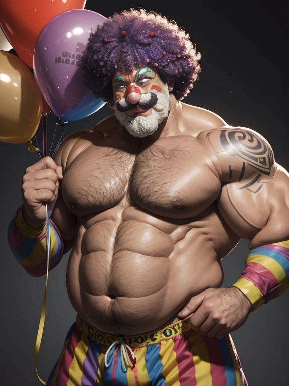Hyperrealistic image of a smiling gray-haired bodybuilder clown superhero, very old and very sweaty, more than 80 years, very muscular and fat, more than 200 kilos with a naked torso, large and flaccid pectorals, brown nipples and big gray mustaches with huge tattooed arms surrounded by lots of balloons dressed in colorful rhombus clown pants and a huge rainbow afro wig on his head
