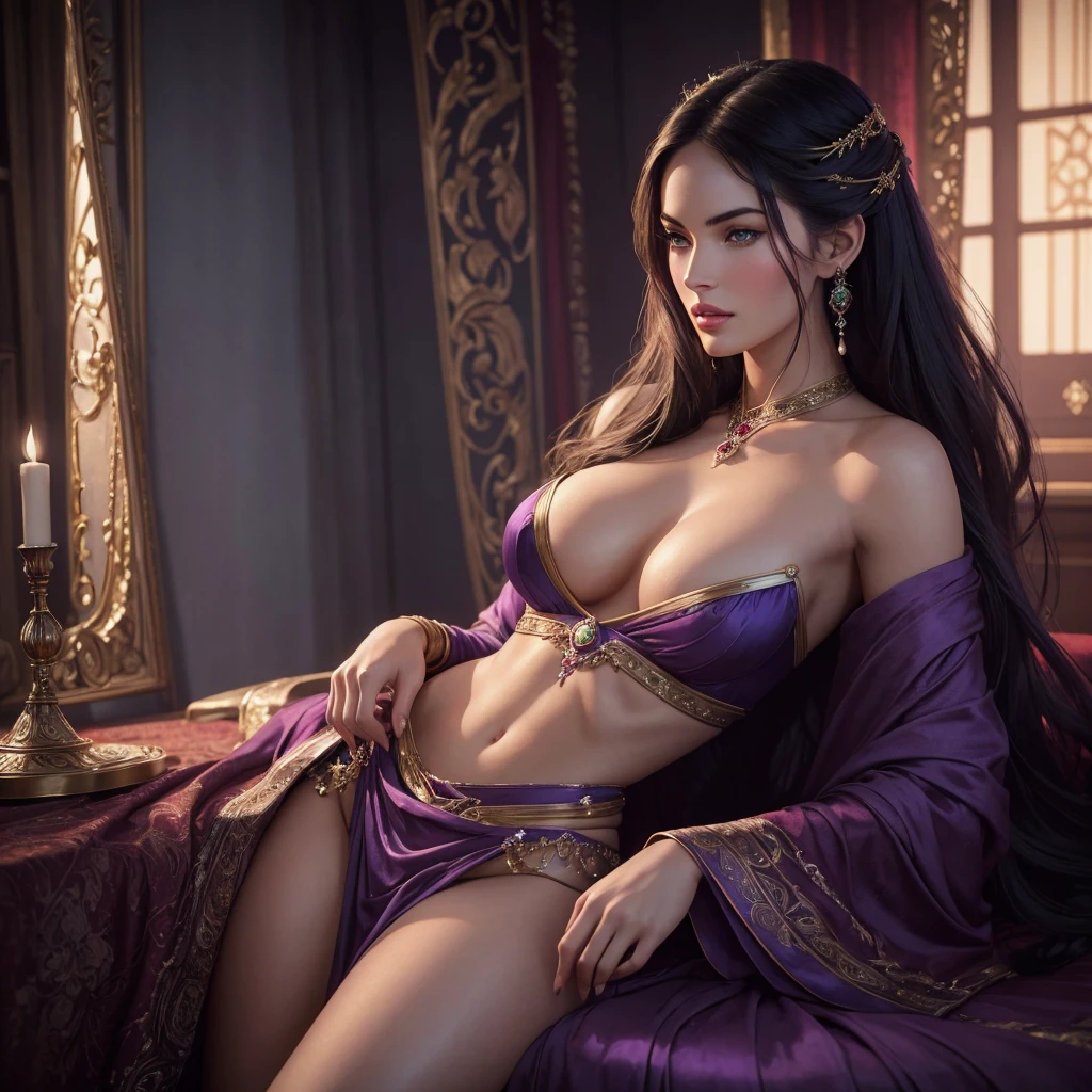 An 1800s theme cinematic photo of an enchanting and alluring woman, resembling Megan Fox, who exquisitely beautiful, in high-contrast, warm-toned digital photography, capturing the subtle dance of light on her porcelain skin. Her delicate features are rendered in lifelike precision, from the whisper-thin eyelashes to the full, rosy lips, against a backdrop of soft, gradient blues and purples, evoking a mystical, dreamlike atmosphere. Vibrant crimson accents adorn her luxurious, flowing attire, imbuing the scene with a sense of opulence and mystique, as her piercing emerald gaze beckons the viewer into her intimate, mystical realm.