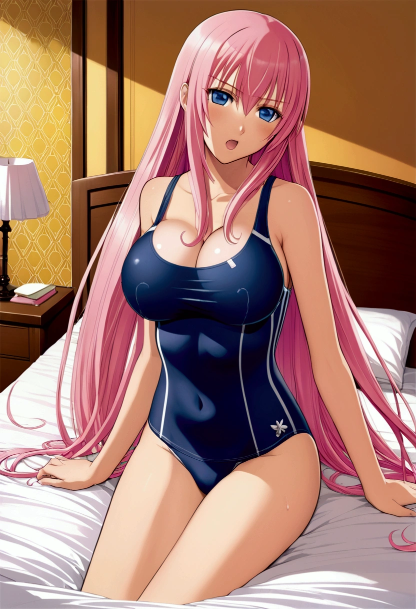 {{masterpiece}},{Detailed and beautiful depiction},Official Art,Beautiful adult woman,Megurine Luka,Pink long hair,blue eyes,Big Breasts,Draw the upper body,(School Swimsuit),(Put your penis between your breasts),(Titty fuck),Semen on my chest,{{Erotic Seduction:2.0}},{Embarrassed facial expression},Dynamic Pose,bedroom