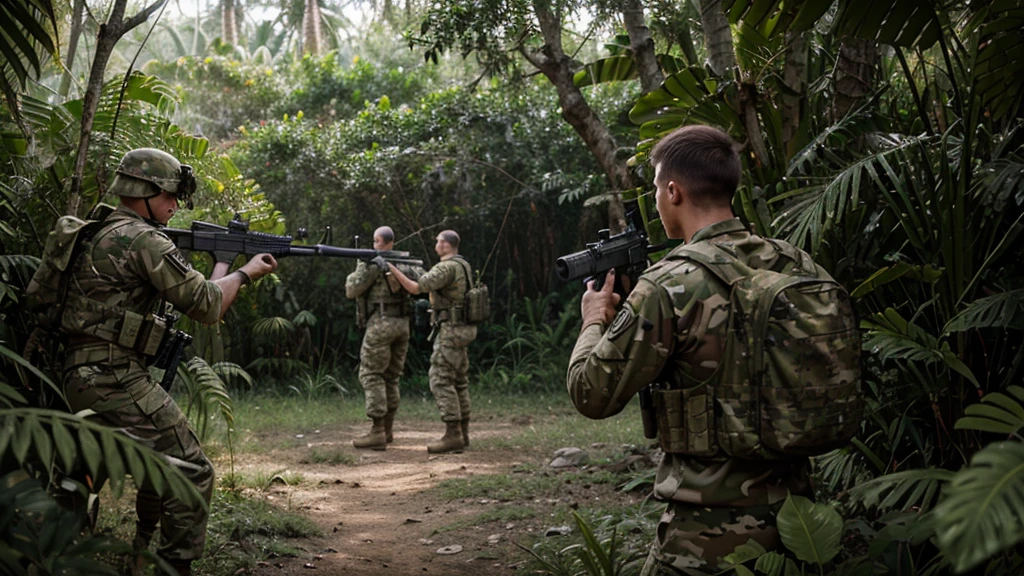 Create a photorealistic image of soldiers in camouflage uniforms in a dense jungle, from a first-person shooter perspective. The scene should be in 4K HDR quality, with detailed and high-resolution imagery. The soldiers should be holding s, and include action elements like a firefight and muzzle flash.