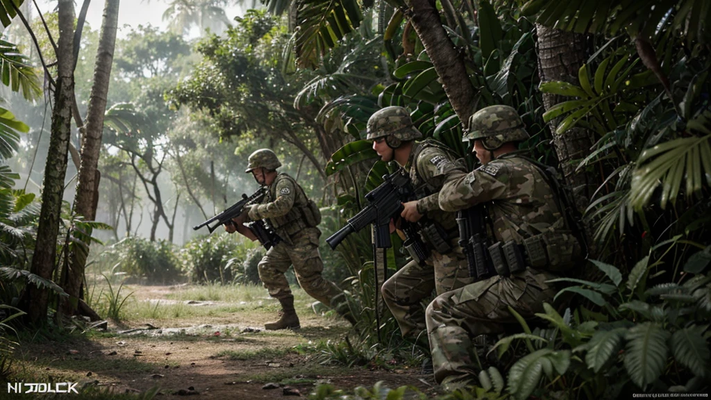Create a photorealistic image of soldiers in camouflage uniforms in a dense jungle, from a first-person shooter perspective. The scene should be in 4K HDR quality, with detailed and high-resolution imagery. The soldiers should be holding guns, and include action elements like a firefight and muzzle flash.