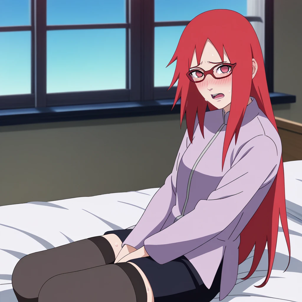 Red hair, 1 Girl, Glasses, Long hair, Red Eyes, Solitary, Long gown, Black over-the-knee stockings, Black shorts, Umbilical cord, Looking at the audience,No students, Japanese cartoons screencap, Japanese cartoons coloring,src_Japanese cartoons,Naruto \(series\), Naruto shippuuden,((blush,nervous,Vision,classroom,bookshelf,sit on the chair,))masterpiece, absurd , (Intricate details), (Colorful), light, Extremely detailed CG unity 8k wallpaper ,1 Girl, solo,(shy,classroom,night,blush,nervous,Sweating,蕾丝dress, ),sweat,blush,blush1.5,Blush,Medium chest,((dress,Black stockings,)),(dress,Lying in bed,Uncomfortable expression,Mouth open,spit)