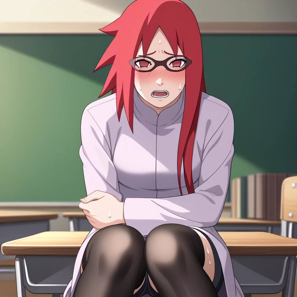 Red hair, 1 Girl, Glasses, Long hair, Red Eyes, Solitary, Long gown, Black over-the-knee stockings, Black shorts, Umbilical cord, Looking at the audience,No students, Japanese cartoons screencap, Japanese cartoons coloring,src_Japanese cartoons,Naruto \(series\), Naruto shippuuden,((blush,nervous,Vision,classroom,bookshelf,sit on the chair,))masterpiece, absurd , (Intricate details), (Colorful), light, Extremely detailed CG unity 8k wallpaper ,1 Girl, solo,(shy,classroom,night,blush,nervous,Sweating,蕾丝dress, ),sweat,blush,blush1.5,Blush,Medium chest,((dress,Black stockings,)),(dress,Lying in bed,Uncomfortable expression,Mouth open,spit)