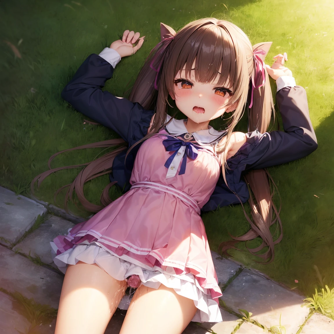 Lewdな女学生、((13才のGirlの自慰))、field、garden、grass((NSfW Vibrator Inserted and Vibrated))、Ahegao、pleasure、Climax、Agony、Lewd、Ecstatic expression、童顔で幼いGirl、((Love juices are dripping down her thighs、No pussy juice々leak))バイブの刺激にAgonyしイク、Drunken eyes、((A young with a baby face、Lower grades of elementary ))Long twin tails、Blue ribbon、Brown Hair、Soft Hair、Elementary school girl