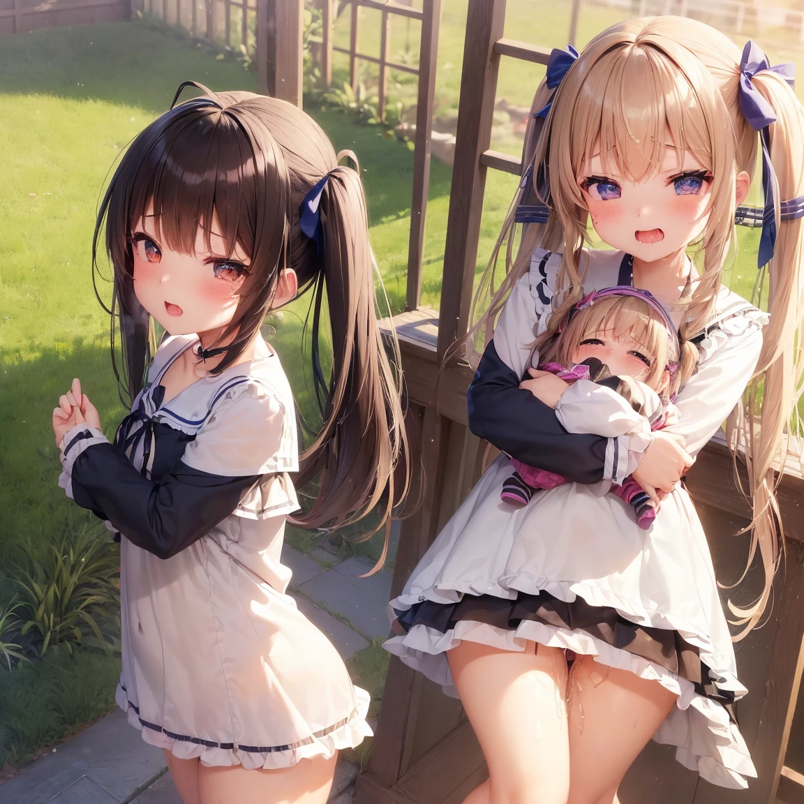 Lewdな女学生、((13才のGirlの自慰))、field、garden、grass((NSfW Vibrator Inserted and Vibrated))、Ahegao、pleasure、Climax、Agony、Lewd、Ecstatic expression、童顔で幼いGirl、((Love juices are dripping down her thighs、No pussy juice々leak))バイブの刺激にAgonyしイク、Drunken eyes、((A young  with a baby face、Lower grades of elementary ))Long twin tails、Blue ribbon、Brown Hair、Soft Hair、Elementary school girl